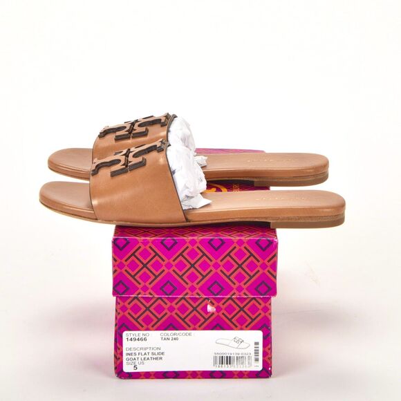 Tory Burch Shoes - Tory Burch Ines Flat Slide Goat Leather Tan Size 5 LNIB Signature Slide